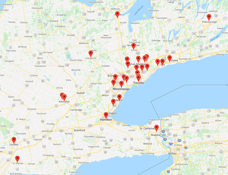Map showing all Real Estate Lawyers office locations across Ontario